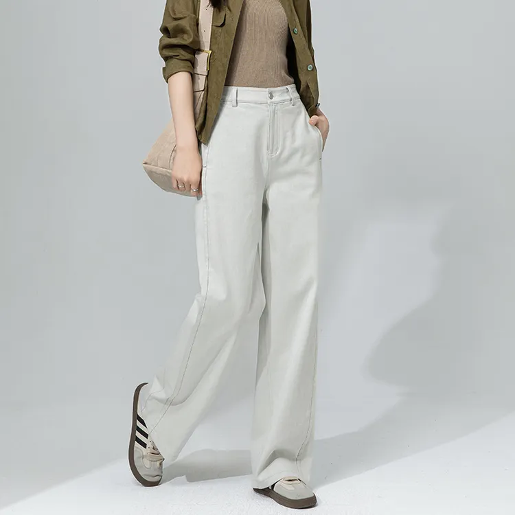 窄版阔腿小个子直筒米白色牛仔裤女2025春秋高腰垂感不掉色长裤子
