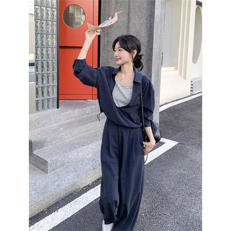 松弛感假两件条纹衬衫休闲裤套装减龄穿搭超火两件套7567