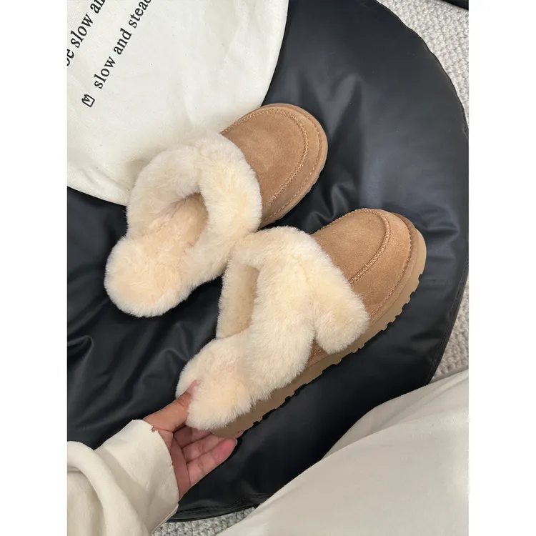 桑坡毛毛鞋包头拖鞋女款外穿皮毛一体反绒皮雪地靴平底懒人棉拖鞋