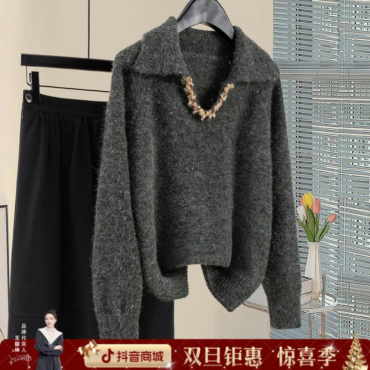 丝柏舍2025冬装新款绵羊毛女装翻领慵懒风宽松长袖毛衣S54P0026M