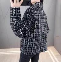法式翻领格子小香风外套针织短款大码开衫POLO领秋季下摆免烫长袖