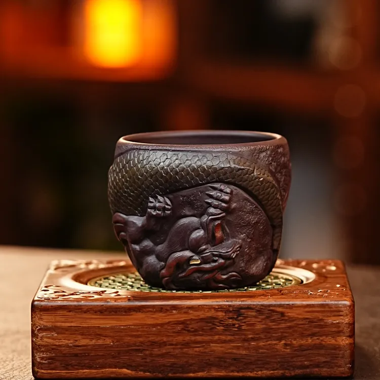 宜兴正宗紫砂第九子龙纹杯全手工紫砂茶杯茶具紫砂主人杯网红茶器