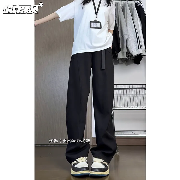 直筒休闲裤男女同款早秋cleanfit卡扣腰带设计感黑色宽松显瘦西裤