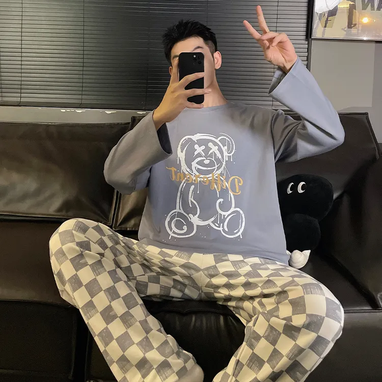 芯语婷春秋季新款灰蓝色字母熊男睡衣冬季长袖长裤简约家居服套装