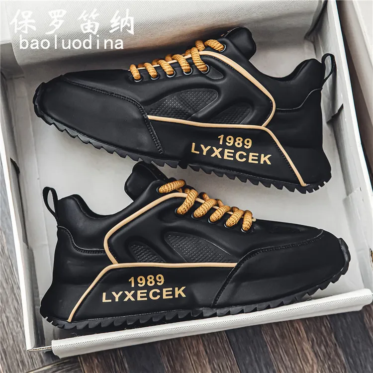 保罗笛纳欧洲站男鞋冬季纯黑色劳保厨师运动休闲跑步厚底老爹潮鞋