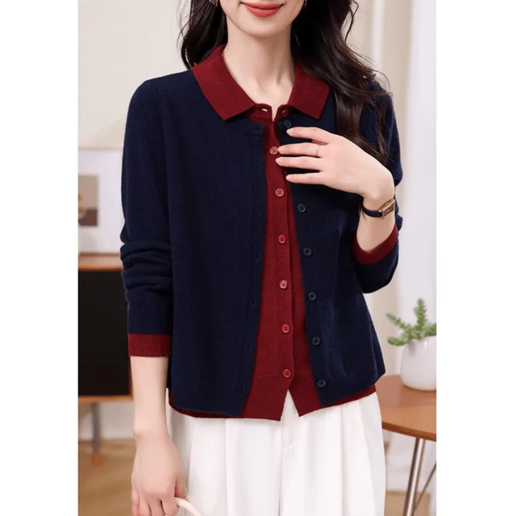 高贵撞色假两件针织衫春秋新款气质爆款衣服中年女装气质复古上衣