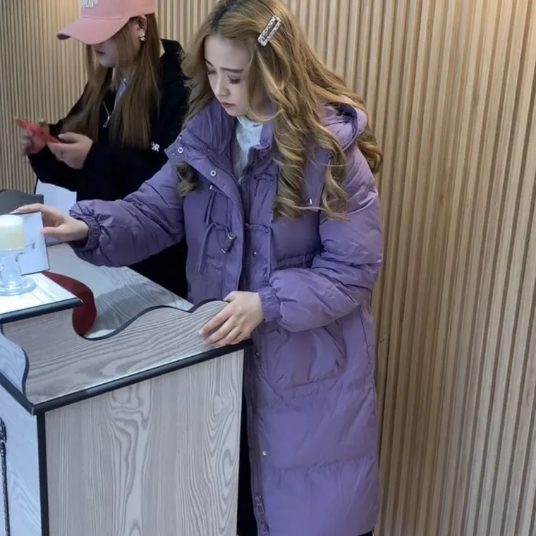 2025冬装新款小个子连帽加厚收腰白鸭绒宽松保暖中长羽绒服外套