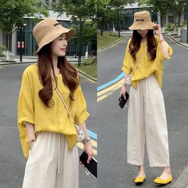 时尚高级感套装洋气减龄百搭气质宽松衬衫女高腰显瘦九分裤两件套