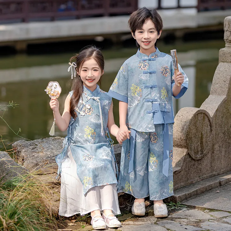 国学幼儿园夏季演出服六一班服园服中国风短袖汉服校服小学生中式