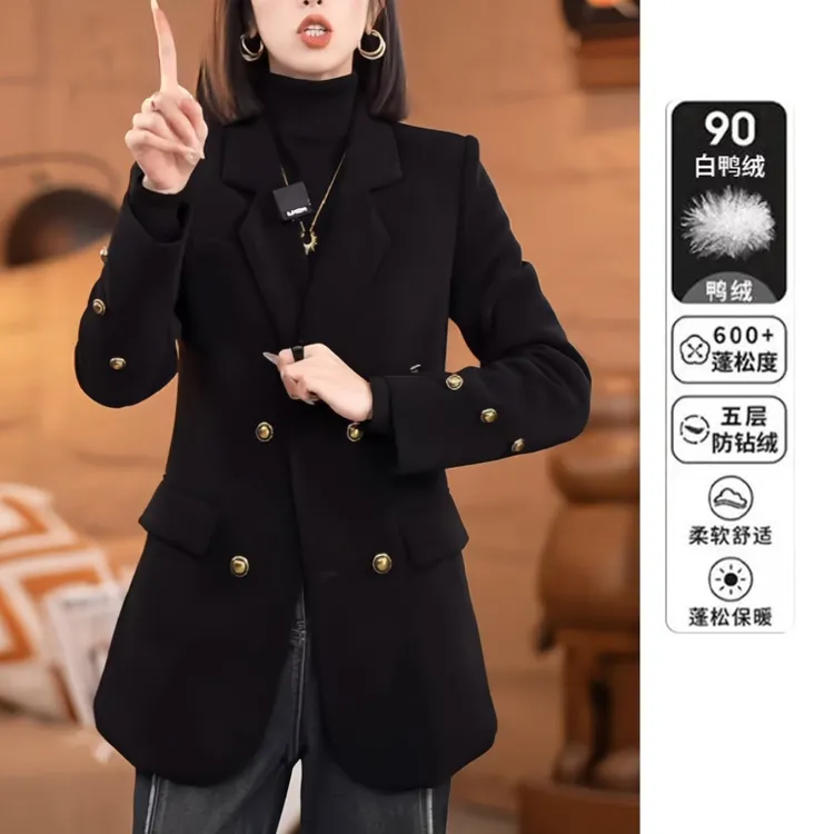 高级感90白鸭绒西装外套女2025冬季老钱风黑色灯芯绒羽绒外套女