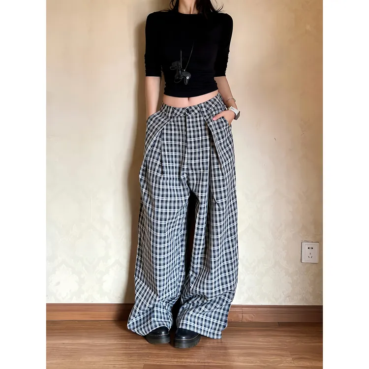 ESEWRD美式复古褶皱撞色格纹休闲裤女宽松直筒设计感百搭通勤长裤