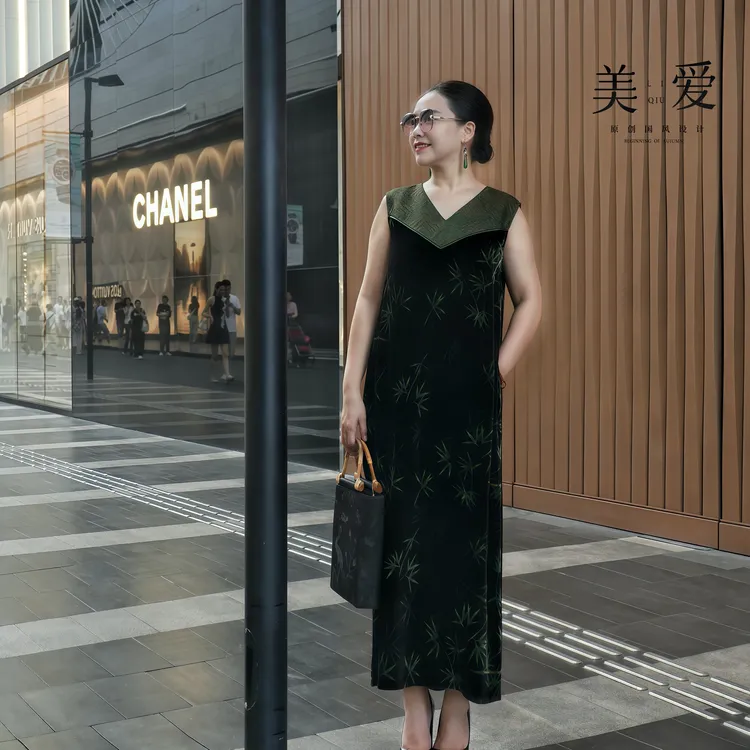 美爱《竹韵天成无袖连衣裙》秋冬新款香云纱老缎宋锦缎连衣裙Q632