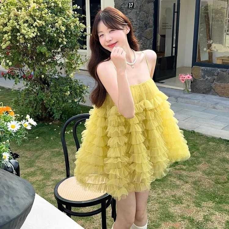 甜美小个子蓬蓬裙夏季新款海边度假吊带蛋糕裙绝美超仙网纱公主裙