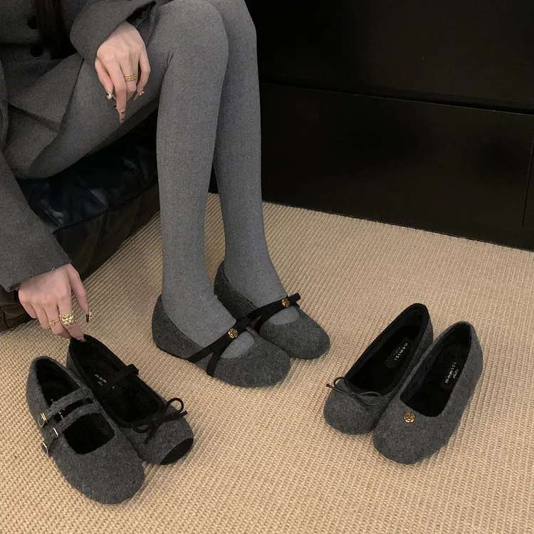 小香风灰色毛呢内增高加绒单鞋女2025秋冬厚底方头毛毛豆豆鞋瓢鞋
