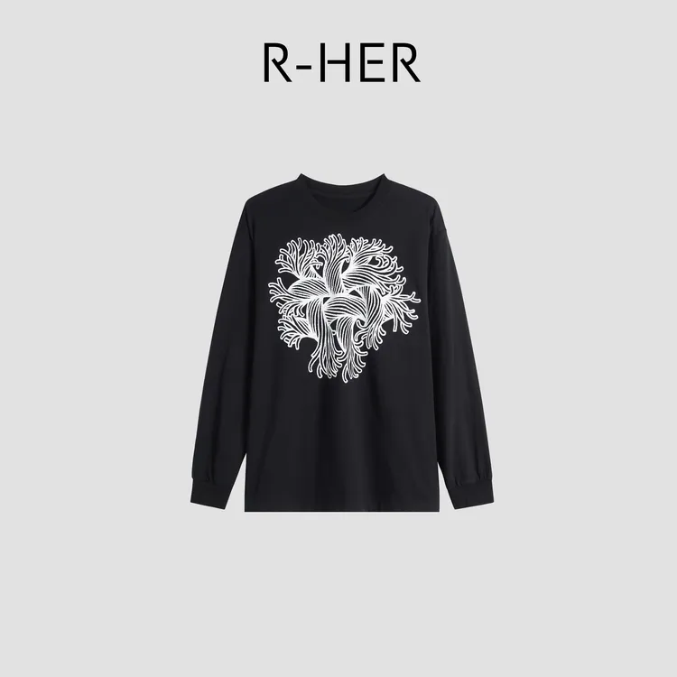R-HER“绳结艺术”黑白绳结印花休闲慵懒风时尚百搭上衣RP5NT5314