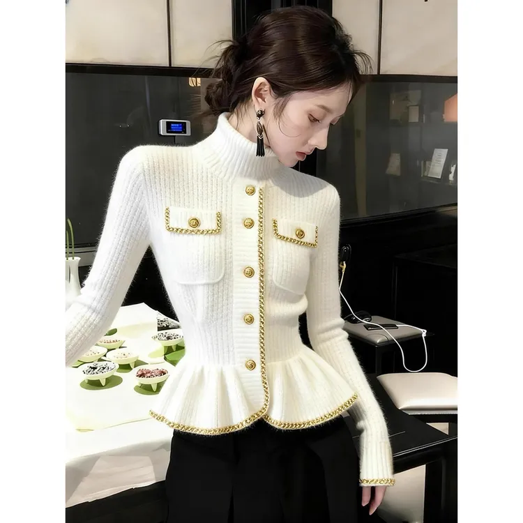 小香风白色高领毛衣女2025秋冬新款时髦洋气时尚气质掐腰针织上衣