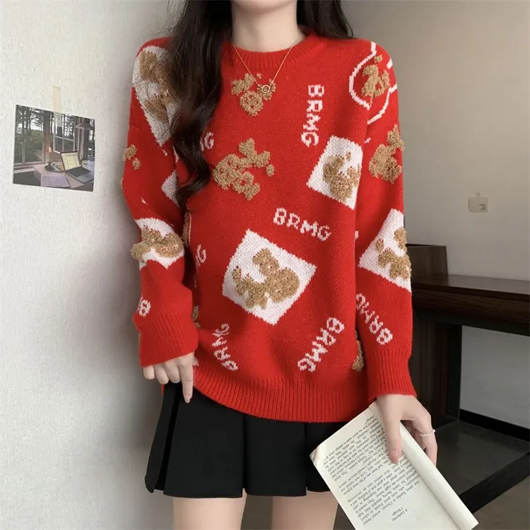 过年穿搭红色毛衣女新中式轻国风复古线衣秋冬内搭打底套头针织衫