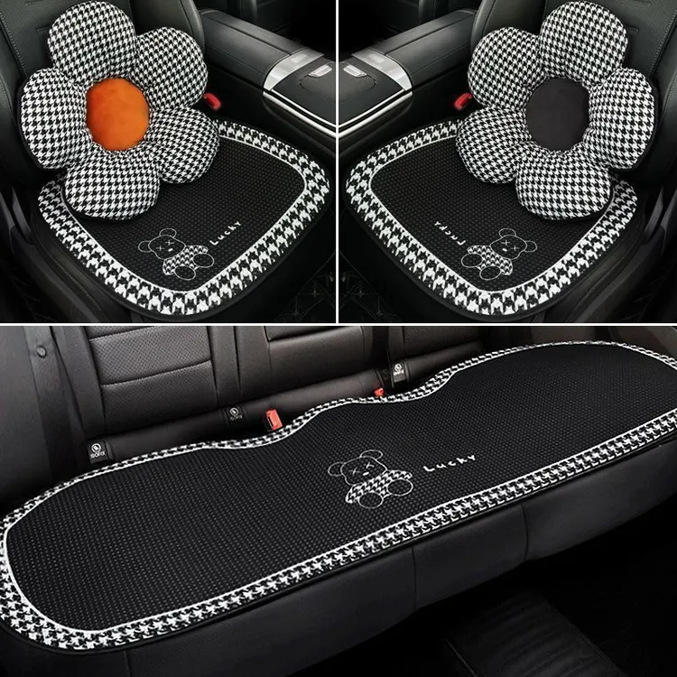 汽车坐垫四季透气约座套网布座垫千鸟格小熊卡通可爱车垫
