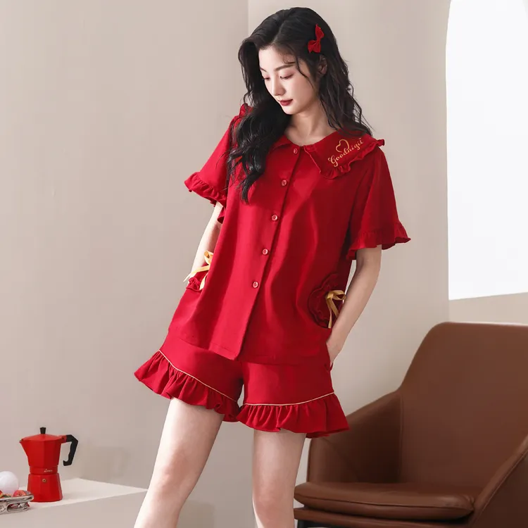 本命年短袖睡衣红色女带胸垫夏季新婚结婚家居服女士短裤高档套装