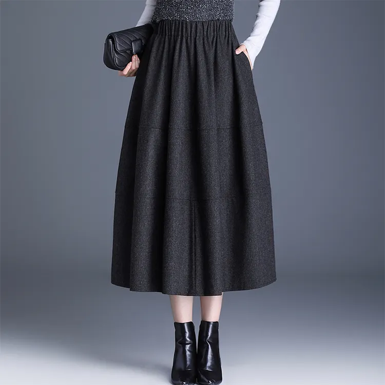 加厚毛呢花苞半身裙女2025冬季新款松紧腰a字显瘦中长款蓬蓬伞裙
