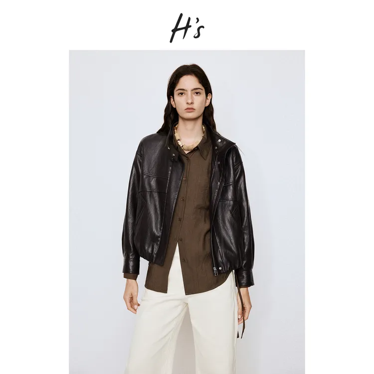 【上新日】H'S皮质立领短外套女25秋新款酷飒立体薄款廓形上衣夹克