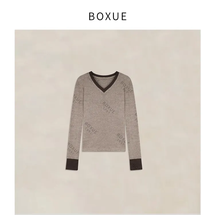BOXUE“秋荷”2025秋冬高级感V领拼接轻奢 T恤#251001T5437