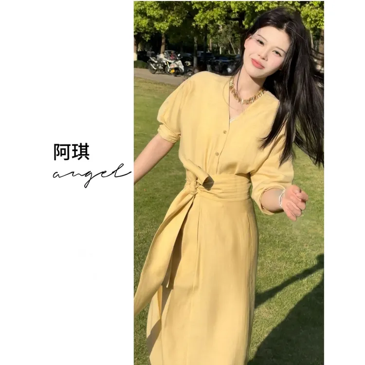 2025夏款韩版时尚气质V领套装收腰上衣系带半裙显瘦不挑人亚麻