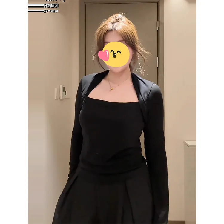 法式方领打底衫女早秋设计感拼接修身纯欲风chic内搭长袖T恤上衣
