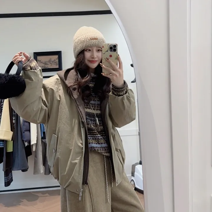 【黑巧拿铁】派克鹅绒服韩系时尚休闲轻工装风气质连帽保暖厚外套女