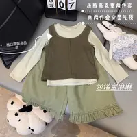 【秋上新】【原版高品质棉】女童两件套叠穿T恤花边棉布裤三件套套装