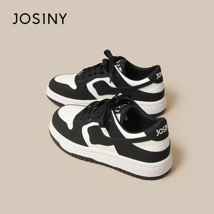 卓诗尼板鞋女2025夏季新款黑白拼色百搭休闲鞋舒适系带熊猫潮鞋