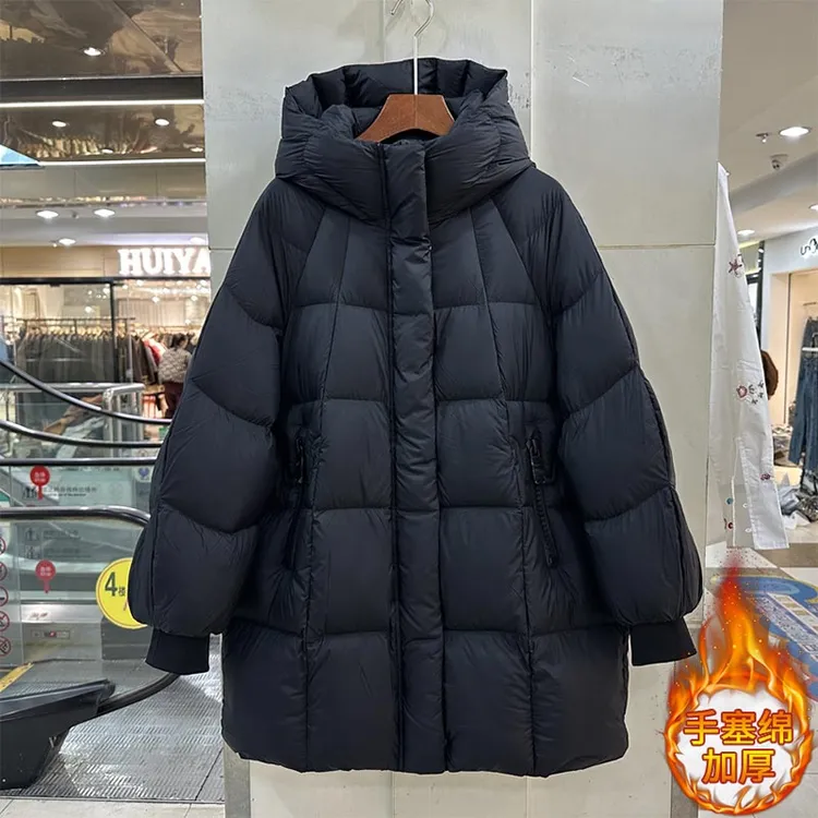 欧洲站气质连帽加厚棉服女2025冬季新款设计感纯色宽松中长款外套