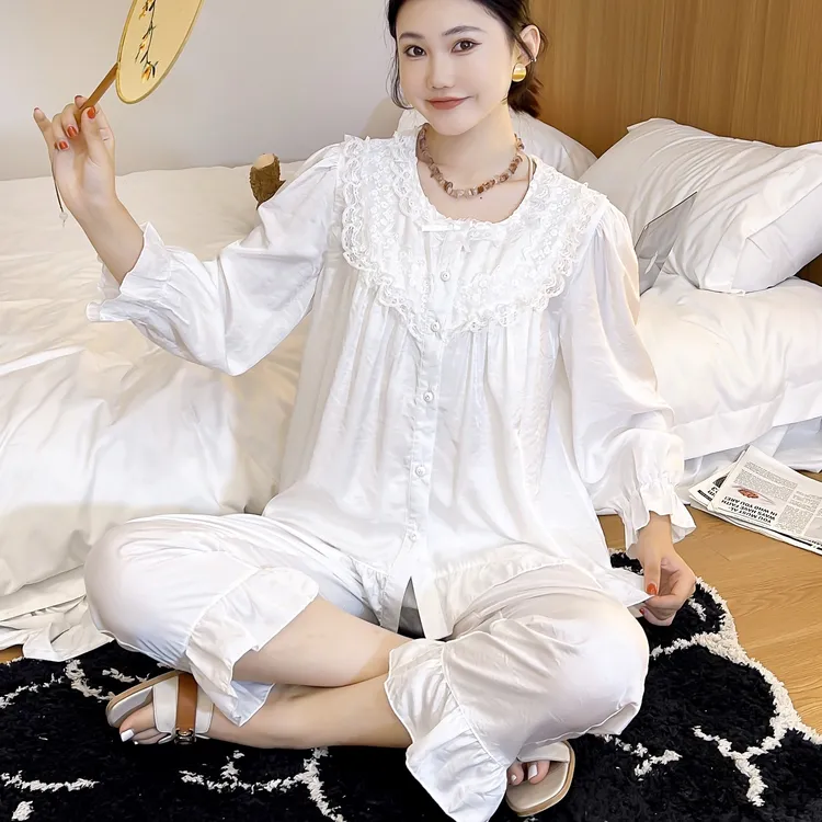 女士秋冬款天八分袖丝麻白色系扣蕾丝花边性感睡衣套装