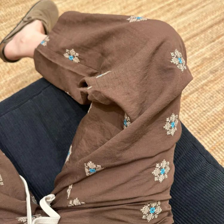 日系复古咖色印花睡裤女夏季新款显瘦抽绳阔腿休闲裤居家可外穿