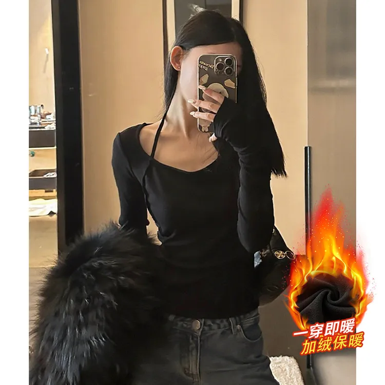 翰代维磨毛加绒拼接挂脖T恤女秋冬新款辣妹百搭长袖打底衫上衣