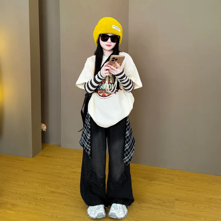 女童春秋季2025新款休闲韩版洋气时尚假两件打底衫牛仔裤两件套潮