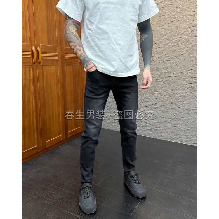 2025秋冬新款时尚休闲百搭净版印花男士修身黑灰色牛仔裤9361