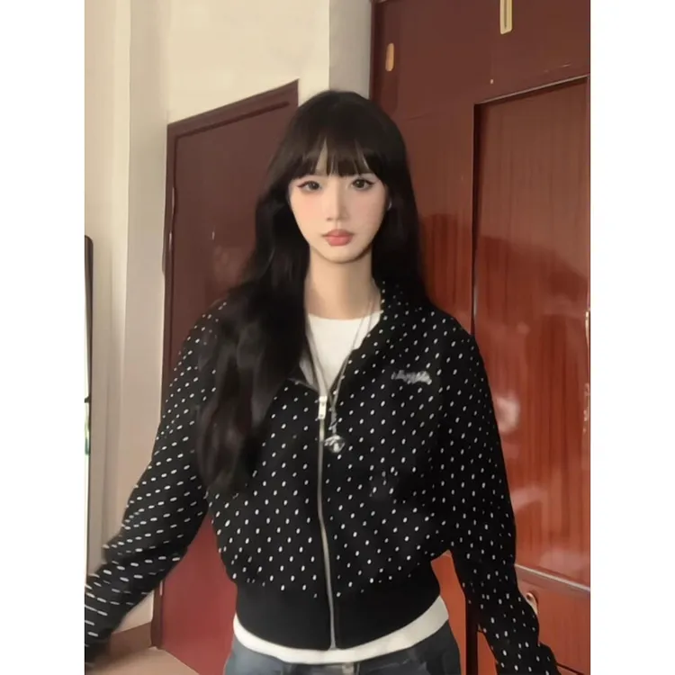 美式复古波点满印连帽短款卫衣女秋季2025新款甜辣妹休闲开衫外套