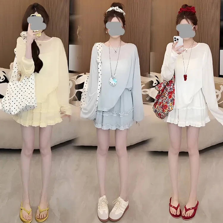 韩系时尚长袖防晒T恤女2025年夏季新款木耳边蛋糕短裙气质一整套