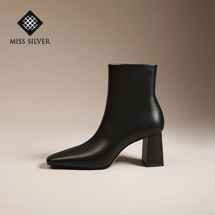 MISSSILVER法式方头瘦瘦靴冬季时装靴黑色筒靴瘦瘦靴短靴方头