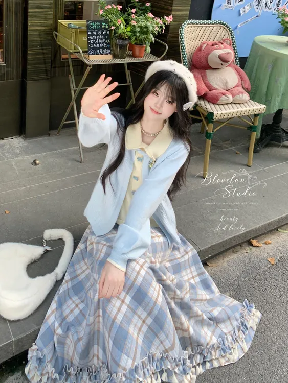 日系小清新甜美温柔磨毛蓝格纹木耳边半身裙a字裙秋冬