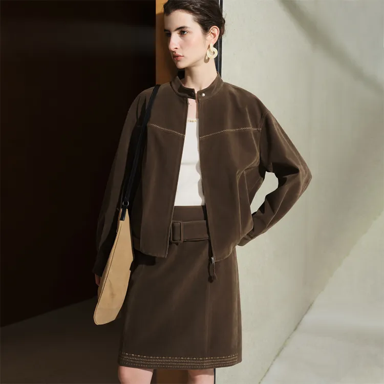 范思蓝恩ECHO轻奢系列复古设计感仿麂皮夹克半裙25FE13014/13013