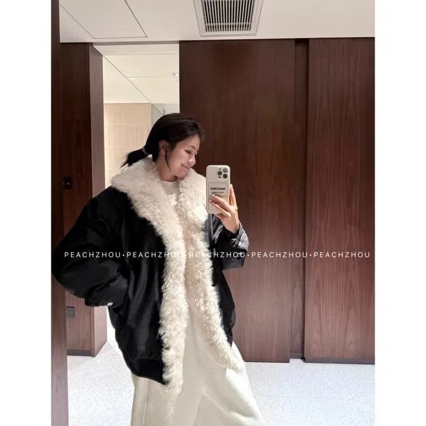 PEACHZHOU 日本高密珠光布90白鹅绒皮毛一体毛领微茧型羽绒外套