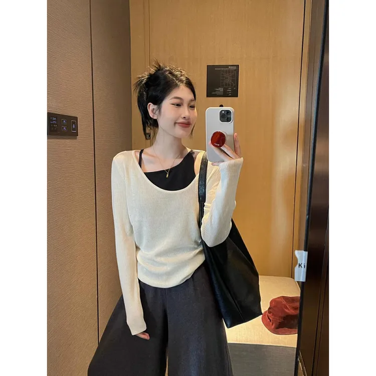 大码女装胖mm穿搭慵懒风显瘦假两件拼接撞色小众设计感针织上衣女