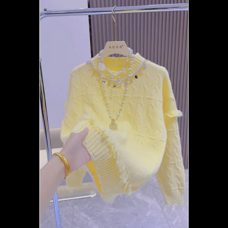 韩系慵懒黄色流苏麻花针织衫女2025秋冬新款宽松洋气软糯套头毛衣