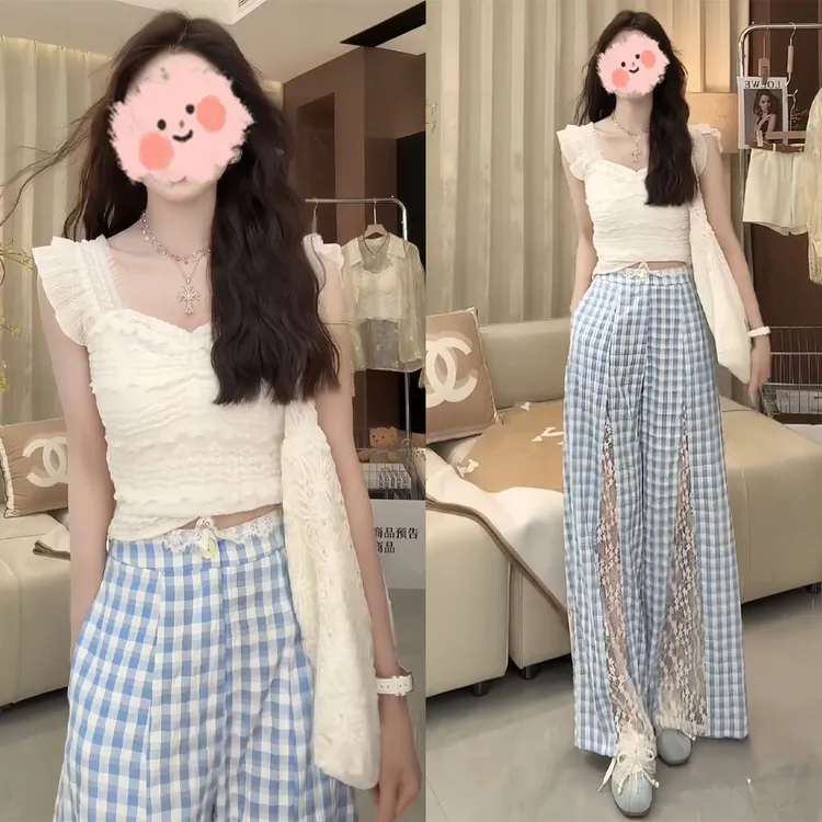 洋气衣服女夏季设计感显瘦吊带上衣百搭蕾丝拼接格子休闲裤套装女