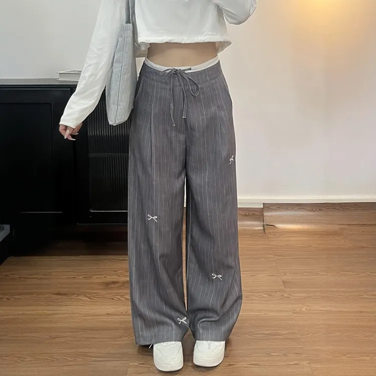 灰色条纹西装裤大码女裤2025秋季新款胖mm显瘦秋季刺绣休闲阔腿裤