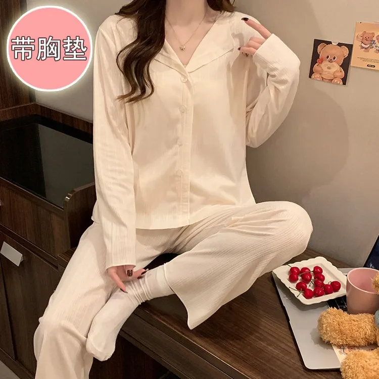 睡衣女春秋季纯棉2025年新款高级感休闲带胸垫大码一体开领两件套