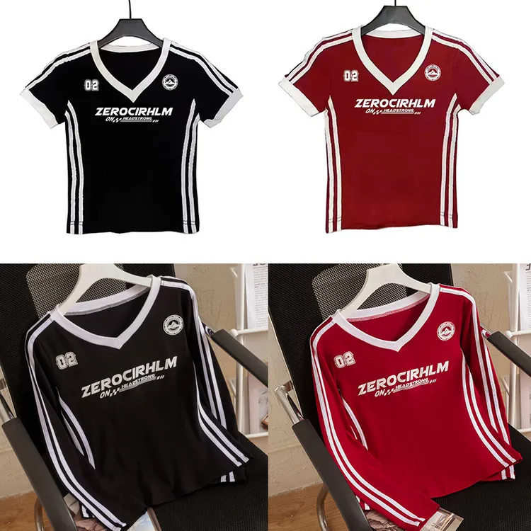 春夏新款广场舞V字领印花条纹T恤短袖休闲百搭潮流显瘦长袖上衣