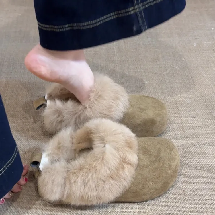 OJRZ毛毛棉包头拖鞋女冬季新款2025厚底勃肯鞋加绒保暖懒人鞋潮流